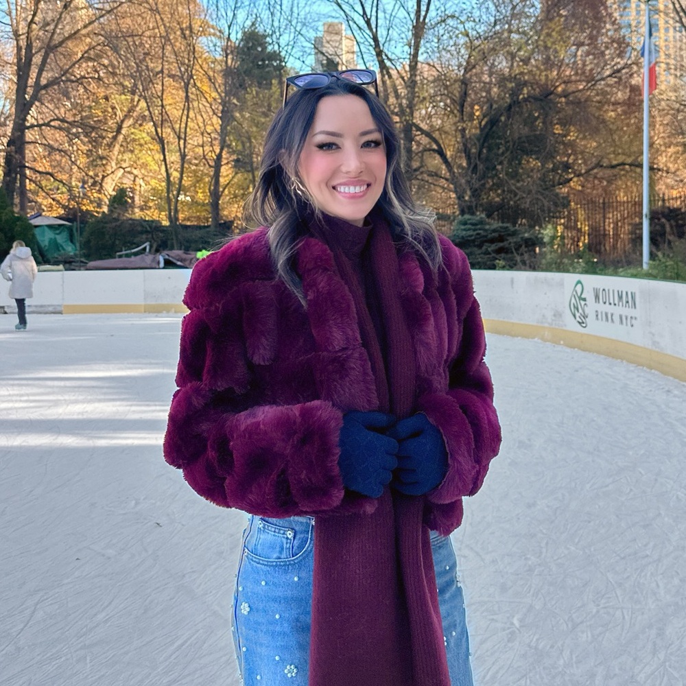 Blank NYC faux fur collarless long sleeve jacket